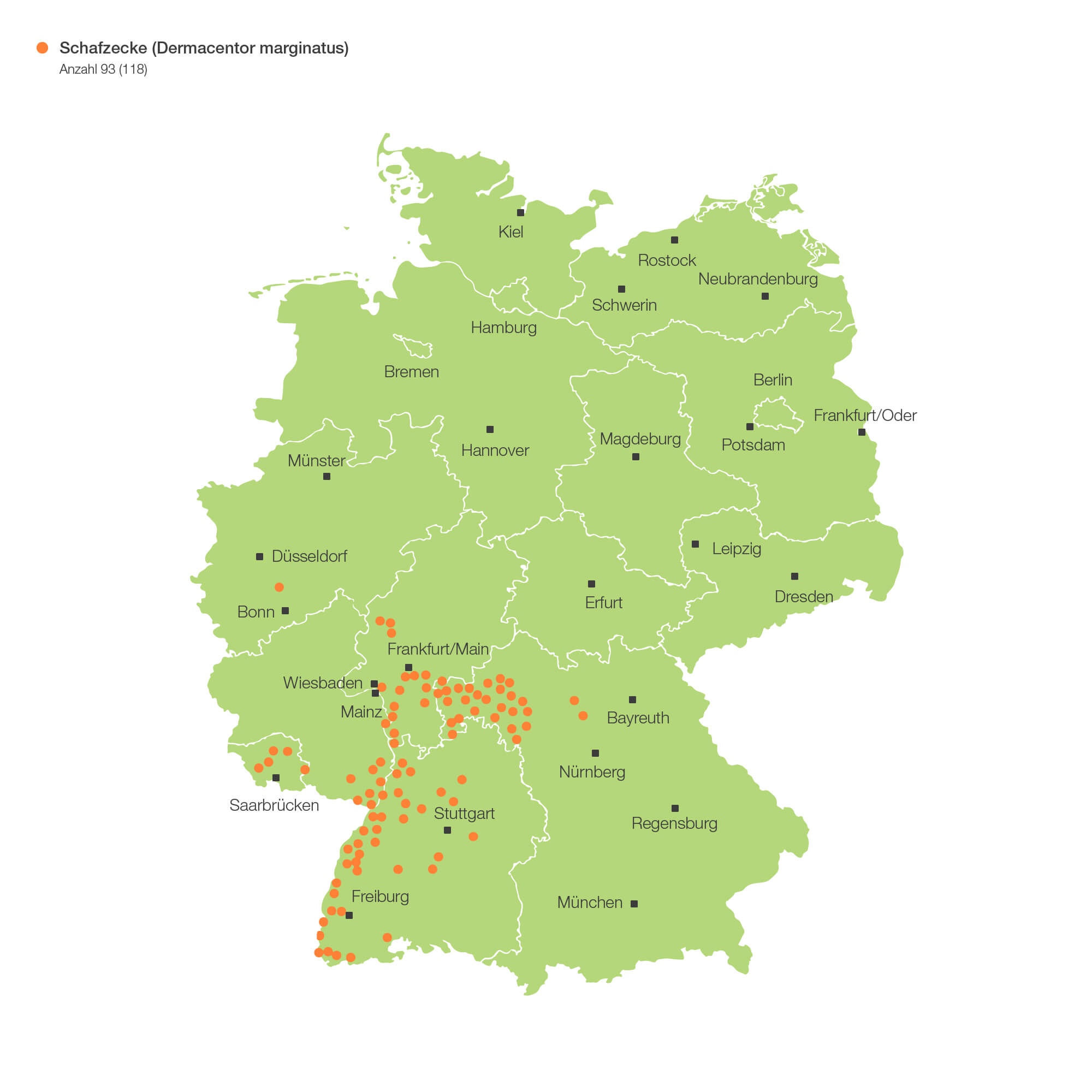 Deutschlandkarte: Verbreitung der Schafzecke, Zeckenatlas 2021